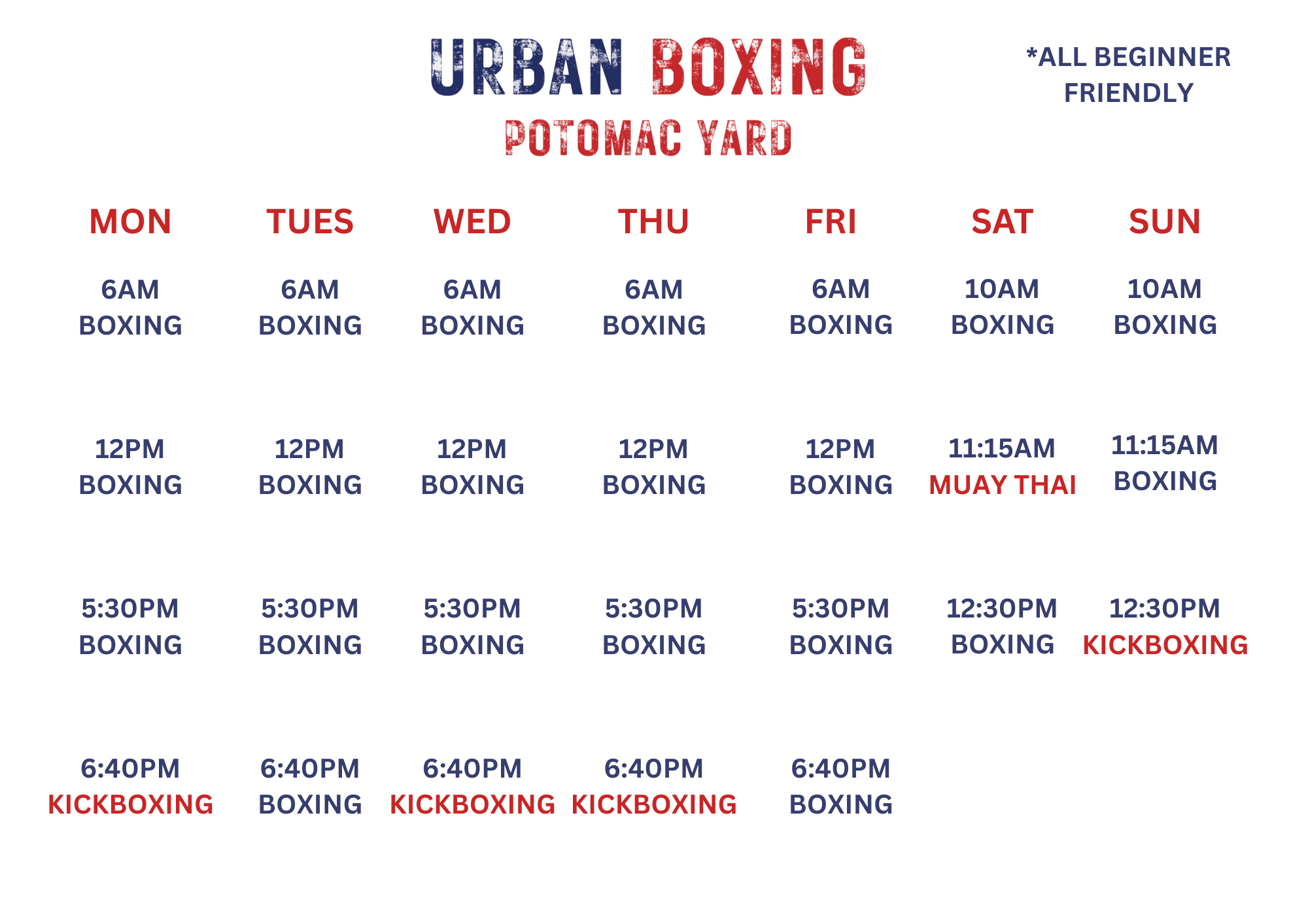 Urban Boxing Potomac Yard class schedule