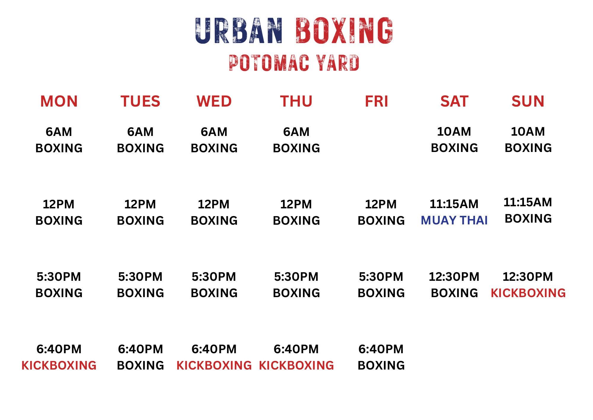 Urban Boxing Potomac Yard class schedule