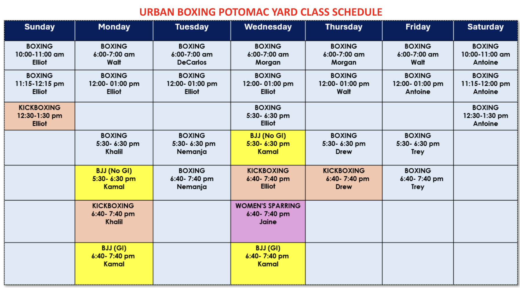 Weekly class schedule — Urban Boxing National Landing. Boxing, kickboxing, Muay Thai.